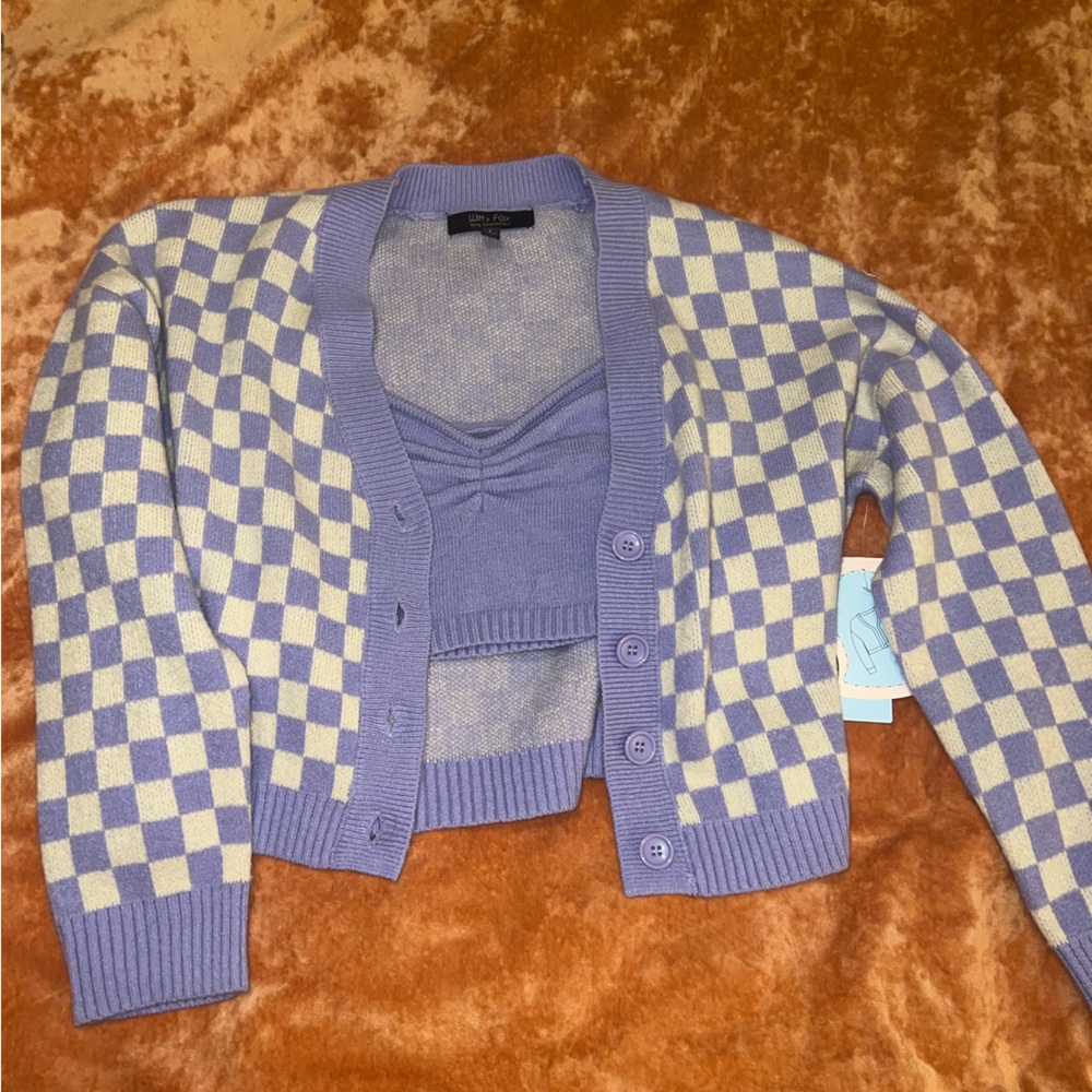 Purple and White Checkered Cardigan and Tank Top